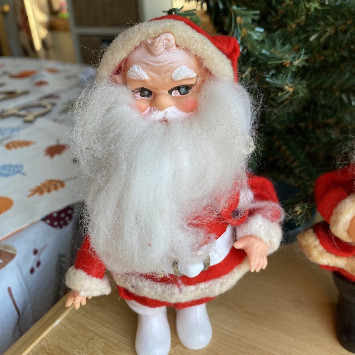 Vintage Rubber Face Standing Santa Felt Coat Black White Boots