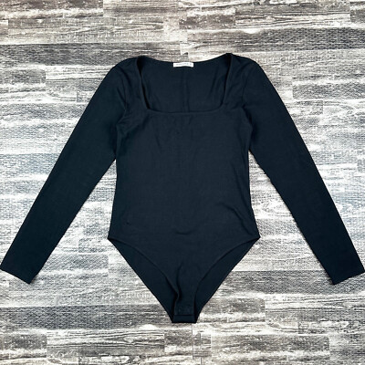 Mango pop Women's Sz S Long Sleeve Black Bodysuit Jumpsuit Square Neck Sexy