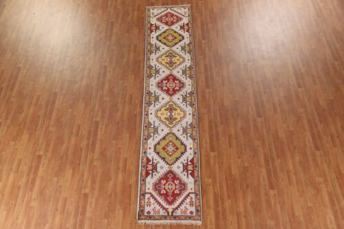 Ivory Geometric Kazak 12 ft. Runner Rug Wool Hand-knotted 12' 2" x 2' 6" - Picture 2 of 12