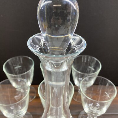 Vintage Glass Decanter With Stopper And 6 Drinking Glasses Floral