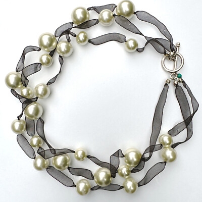 3-Strand Necklace w Faux Pearls on Black Organza Ribbon & Sterling Silver Toggle