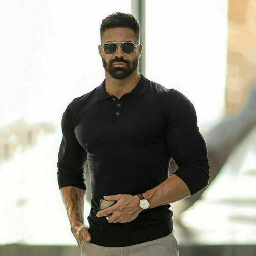 Men's Slim Fit Long Sleeve Polo Shirt for Golf Gym Casual Muscle Sport-image