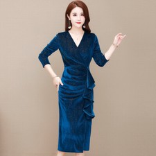 Women Pleuche Midi Dress V-neck Long Sleeve Ruffle Frill Sexy Party Elegant