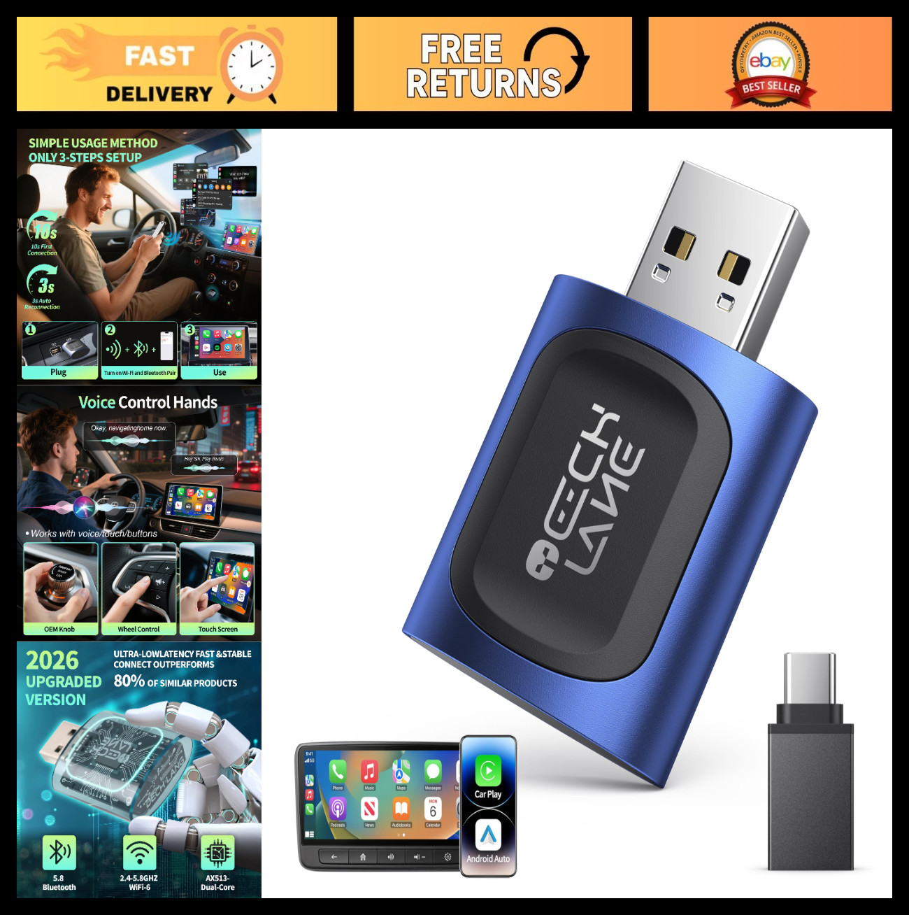 2-in-1 Wireless CarPlay & Android Auto Adapter, Bluetooth Fast Connect, USB-C/A