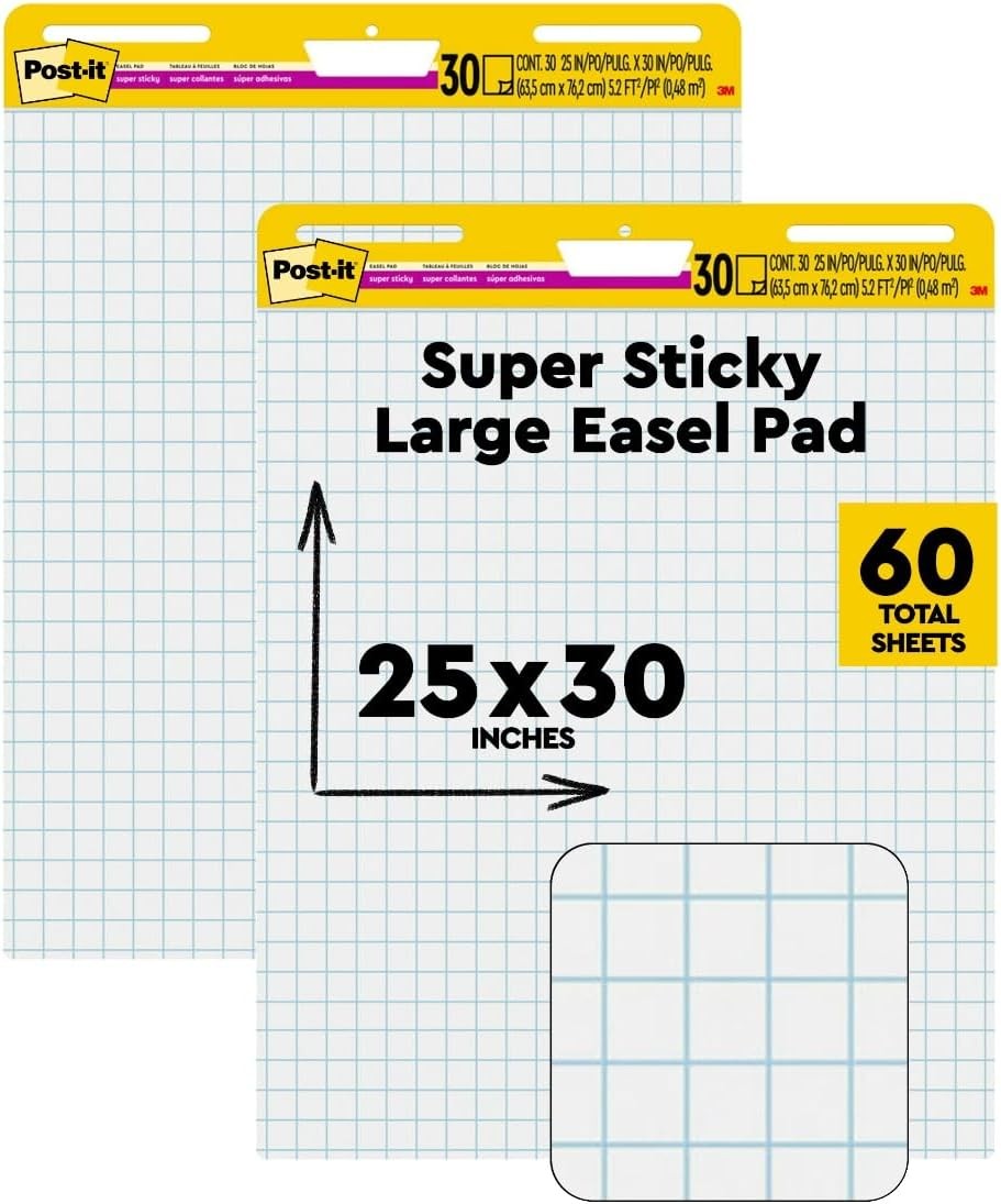 Super Sticky Easel Pad, 25 x 30 in, White Grid, 2 Pads