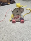 Vintage Fisher Price Merry Mousewife Wood Pull Toy Sweeping Mouse Works 1962