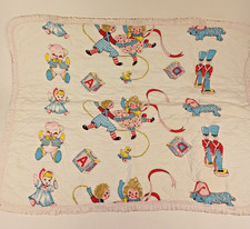 Vintage Baby Quilt Pastels Rag Dolls Teddy Bear Blocks 42x32