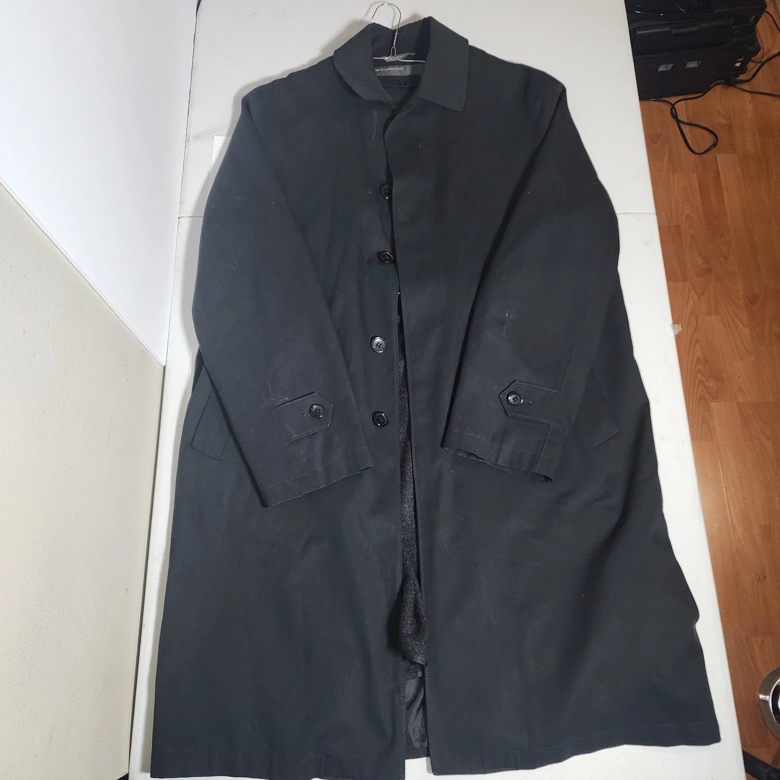 Perry Ellis Portfolio Mens Black Trench Coat 42R Long Raincoat Lined image 10
