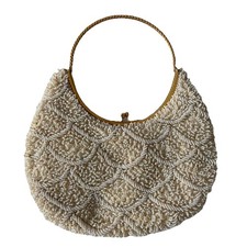 Beaded White Evening Wedding Bag Purse Goldtone Metal Circle Handle Vintage