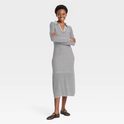 Women's Long Sleeve Maxi Sweater Dress - A New Day Black/White Striped L Women's Long Sleeve Maxi Sweater Dress - A New Day Black/White Striped L