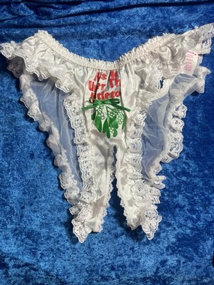 Vintage Christmas Panties 90s Lace Mesh Open Crotch Cute Kiss Me Mistletoe  