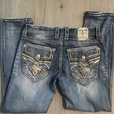 Rock Revival jeans Crestmont Men 34 Relaxed Straight tapered Thick Stitch 0261