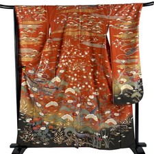 Furisode Kimono Orange Silk L Sleeve Chrysanthemum Used