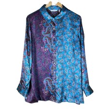 Soft Surroundings Paisley Printed Silk Button Down 100% Silk XL Boho Art Vintage