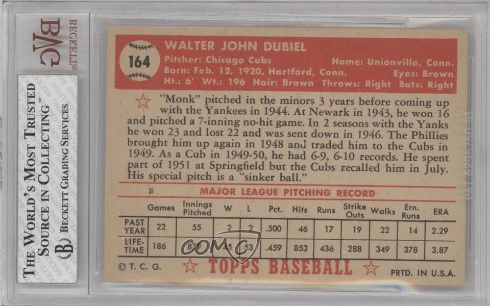 1952 Topps Walt Dubiel (White Back) #164 BVG 5 - Image 2 of 2