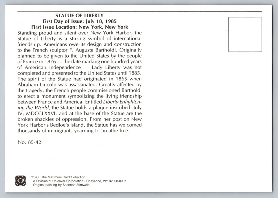 #2147 F.A. Bartholdi Statue of Liberty FDC Maxi Card - Image 2 of 2