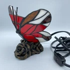 Vtg Tiffany Style Butterfly Table Lamp Red White Stained Glass Desk Table Light