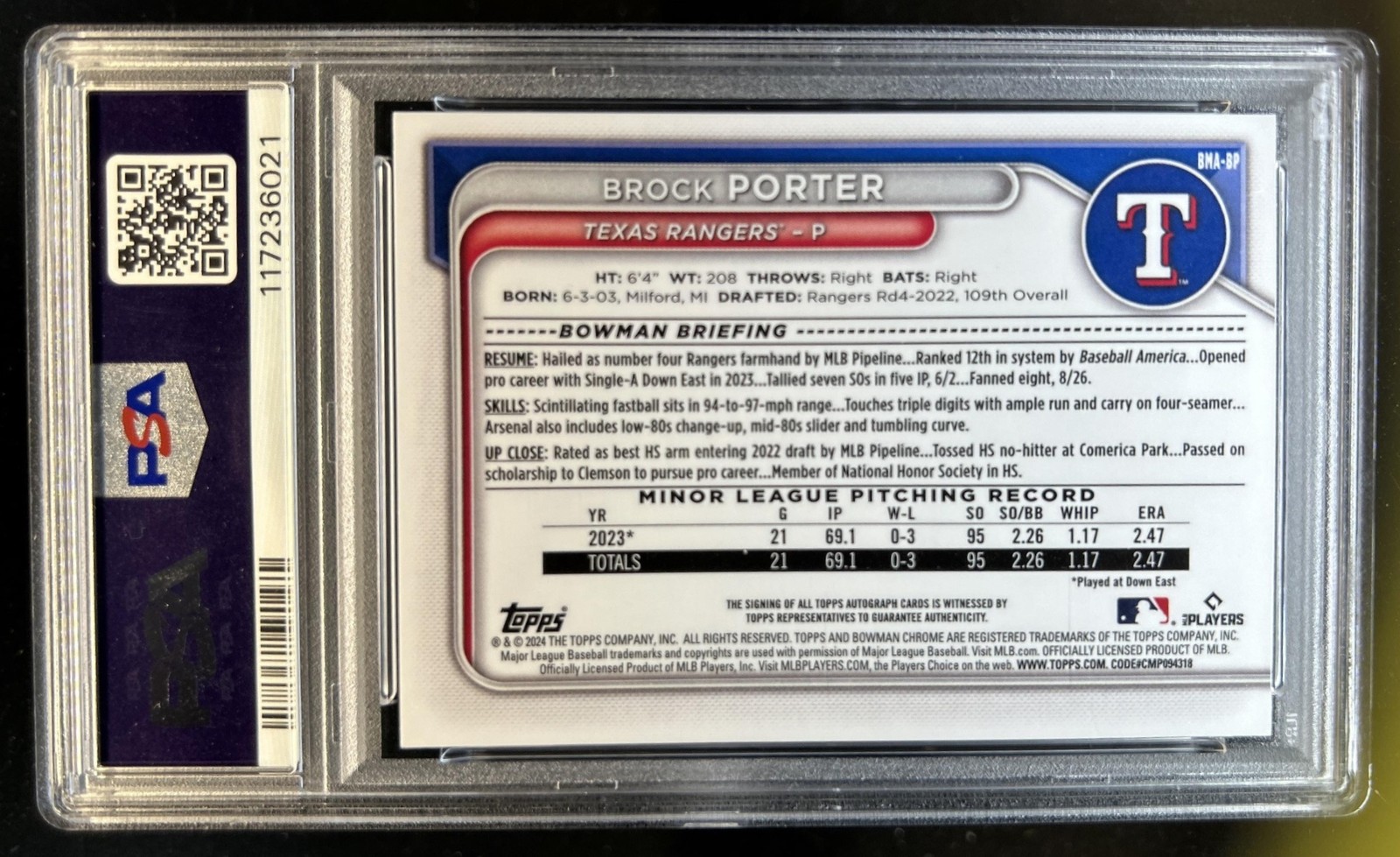 2024 Bowman Chrome Brock Porter Auto Mega Box Blue Mojo Refractor #/150 PSA 10 view 2