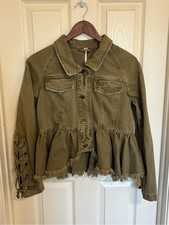 Free People Olive Ruffle Hem Denim Jacket Lac...