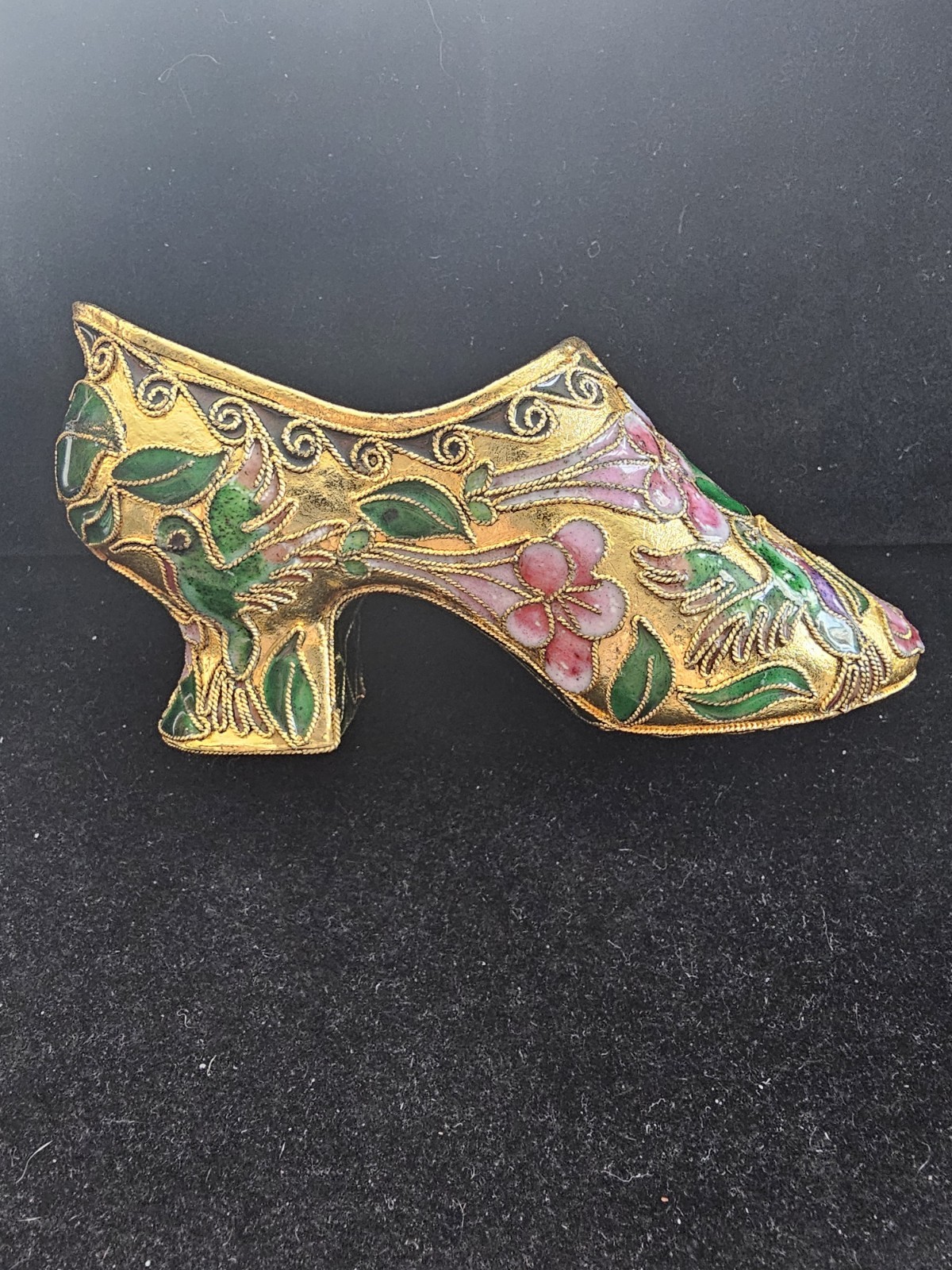 Cloisonne Enamel On Metal Hummingbird Shoe Vintage Collectable Figurine