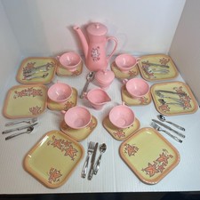 Vintage Tea Dishes Set Plates Play Kitchen Plastic  Tin Cutlery Floral 1960's