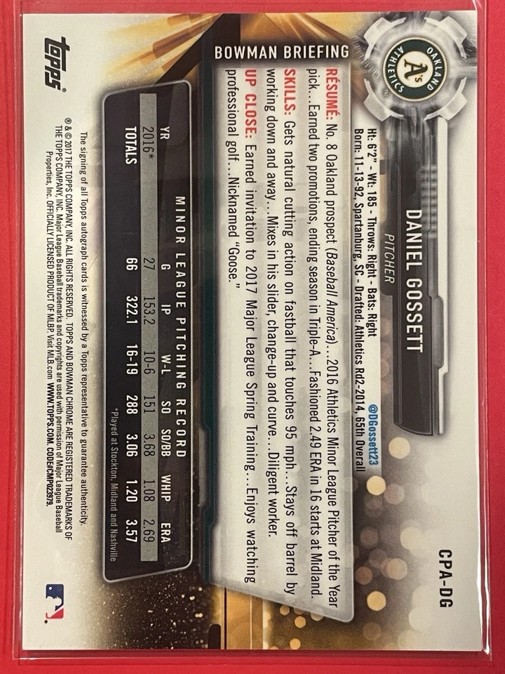 2017 Bowman Chrome Daniel Gossett Prospect Auto #CPA-DG Baseball Athletics - Image 2 of 2