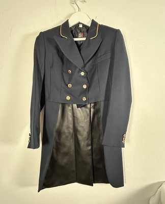 PFIFF Double-Breasted Dress Coat Jacket with Faux Leather Skirt Size 36 Navy