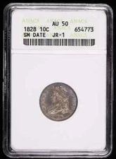 1828 P Capped Bust Dimes ANACS AU-50 JR-1 Small Date SoapBox