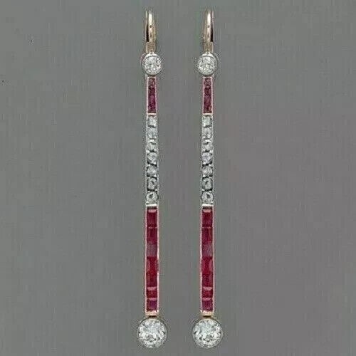 Art Deco 2.30Ct Emerald & Ruby Simulated Drop Earrings in 14K Gold Plated