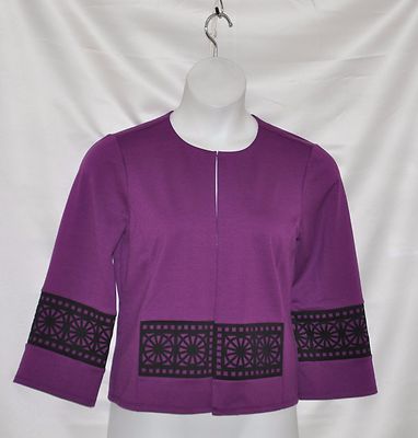 Bob Mackie Ponte Knit Jacket with Laser Cut Overlay Detail Size S Eggplant