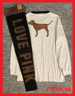 Victoria's Secret Pink Leopard Campus LS Tee Shirt + Leggings Set Gray Black M