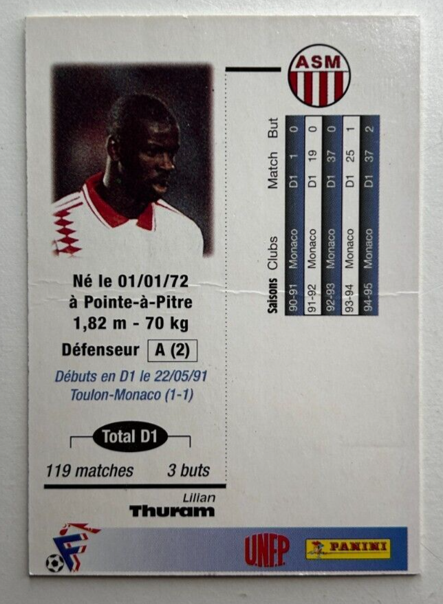 Carte Panini Lilian Thuram AS Monaco - Saison 1996 - Collection UNFP - #112