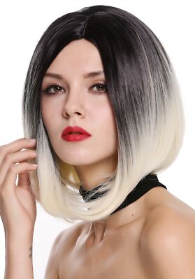 Perücke Damenperücke Longbob Bob glatt schwarz platinblond Ombre Mittelscheitel