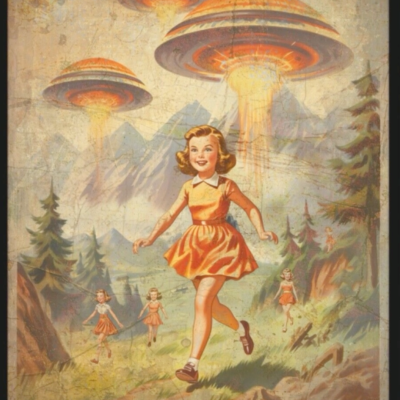 Vintage ALIEN ABDUCTION Wall Art, UFO Cryptid Nature Poster, Cute