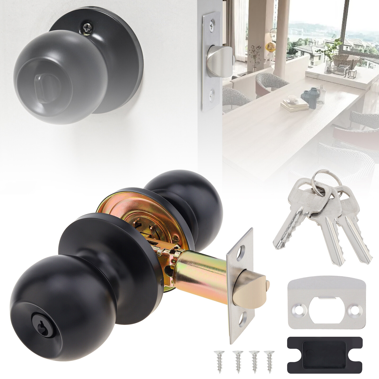 Privacy Door Lock Entrance Lock Knob Bedroom Passage Locks Round Handle & 3 Keys-image