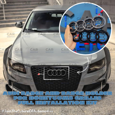 Audi Badge & Holder for Honeycomb Grilles   Full Installation Kit - Silver