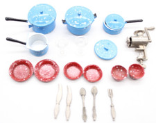 Dollhouse Miniature Blue/Red Speckled Graniteware Kitchen Pots Pans Lids Metal
