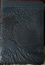 Oberon Design Leather Small Portfolio Cover Hokusai Wave in Navy