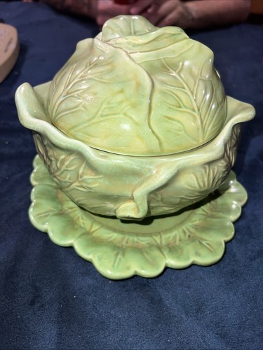 Vtg. Ceramic Holland Mold Green Cabbage Bowl and Plate With Lid - Picture 3 of 21