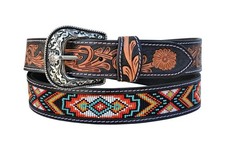 Affilare Western Beaded Belt Genuine Leather Floral Tooled Beaded Belt 30AB004