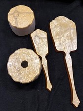Vintage Antique Art Deco Powder Dresser Jars Vanity Set Of 4 With Brush Mirror