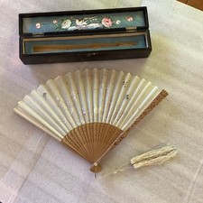 Antique Chinese Hand Embroidered Silk Hand Fan Dragon Lacquer Wood Box Canton