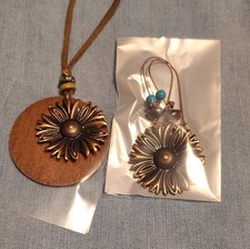 Handmade Bronze Flower Jewelry Set Earrings Necklace Blue Beaded Wood Brown