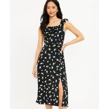 LOFT Floral Ruffle Neck Midi Dress Black White Purple Sleeveless