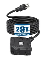 DEWENWILS 25FT Heavy Duty Outdoor Extension Cord 6-Outlet w/ Switch 14/3 15A