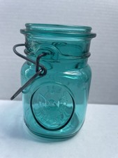 Vintage BALL IDEAL Wire Mason Jar Blue Glass Bicentennial Celebration 5”