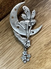 “Star Catching Moon Fairy” Pewter Pin by J J Jonette From Estate