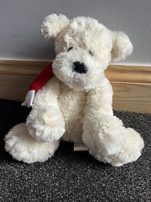 Vintage Chad Valley Cuddle Club Woolworths creme Welpe Hund rot Schal Weihnachten 