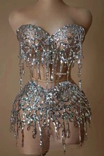 Glitter Silver Sequins Chain Mini Dress Skirt Set Backless Party Stage Outfit