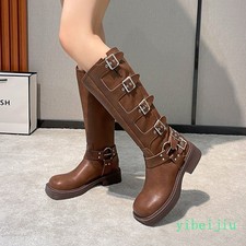 Women's Vintage Buckles Chunky Heel Knee High Leather Boots Gothic Motorcycle SZ